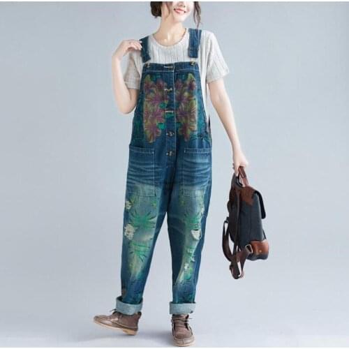 Vintage Single-breasted Stitching Print Adjustable Denim Jumpsuits Summer New Holes Casual Denim Trousers