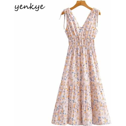 YENKYE Floral Print Holiday Boho Dress Women Sexy V Neck A-line Casual Long Dress Female Summer Tank Vestido
