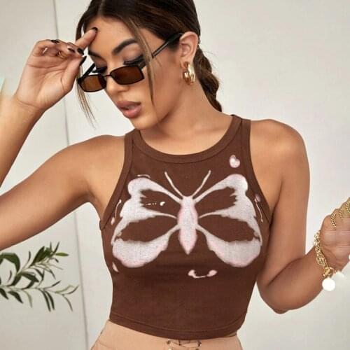 Za 2021 Harajuku Brown Butterfly Print Crop Tops Streetwear Tanks Sleeveless New Fashion Vintage Summer Corset Women Y2k Clothes