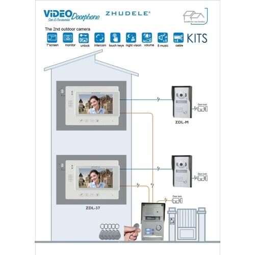 ZHUDELE New Arrival 7 Inch Video Door Phone Intercom System Doorbell for 2 apartments CCD Camera ID Card unlocking 1v2