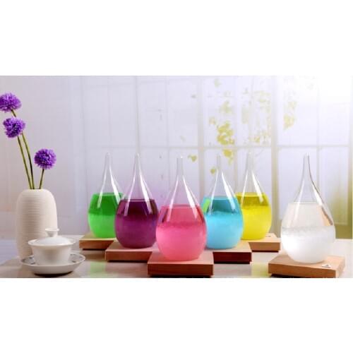 1PC Colorful Practical Weather Forecast Crystal Tempo Drops Water Shape Mini Storm Glass with Wood Base Home Decor JR 1107