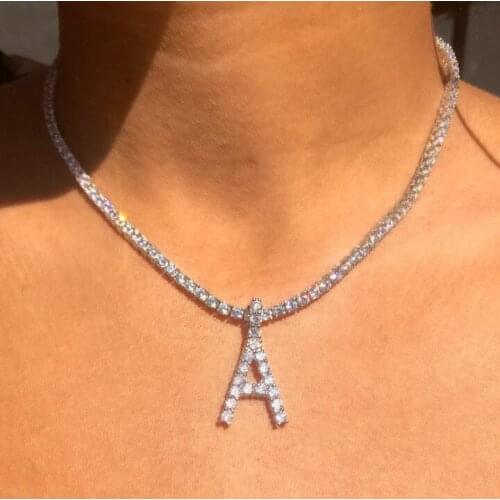 26 Letters A-Z Initial Necklace Silver Color Tennis Chain Choker for Women Bling Crystal Alphabet Necklace Statement Jewelry