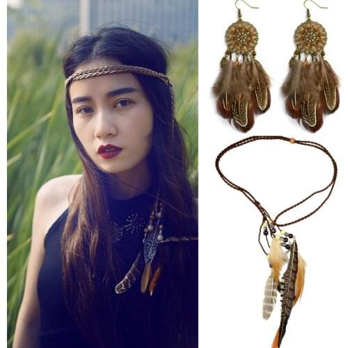 African Inidan Hippie Feather Jewelry sets Headband Bohemian Headpiece Drop Earrings Beaded Hairband Festival Hair Accessories
