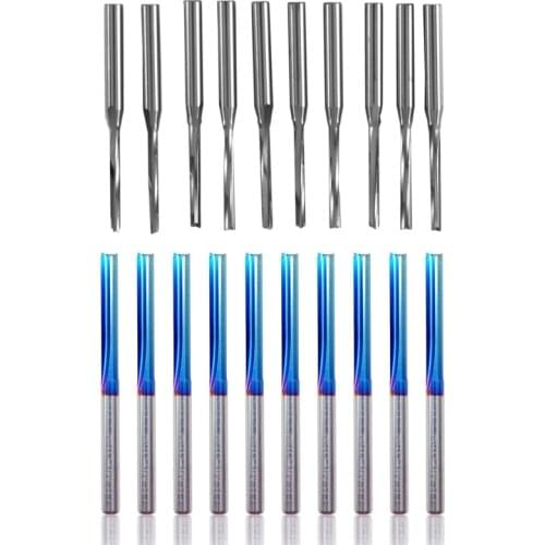 Promotion! 10 Pcs Two Flutes Straight End Mills Straight Slot Bit &10Pcs 3.175 Shank Blue Coated Straight End Mill 2 Flute