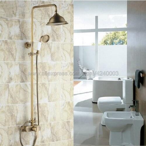 Antique Brass Wall Mounted Shower Faucet Bathroom Rainfall Shower System Set Faucet With Handheld Sprayer Krs172