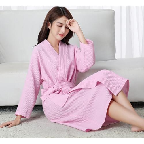 Solid Waffle Robe 100% Cotton Long Robe Women Soft Bath Robe Ladies Casual Nightrobe highly absorbent Sleepwear Loose Homewear