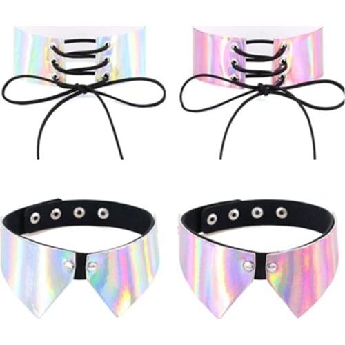 PU Laser Leather Choker Necklace Gift For Women Holographic Choker Metal Collar Chocker Fashion Jewelry Colorful Leather