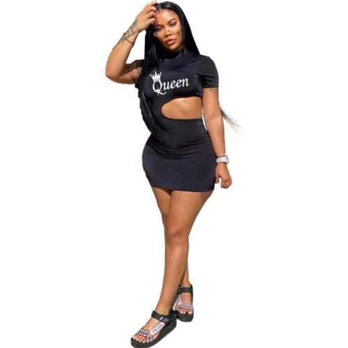 Queen Letter Print Classic Black Summer Dresses For Women Clothing 2021 New Arrival Side Hollow Out Trendy Chic Sundress