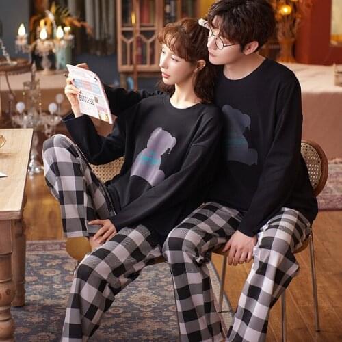 Korean Black White Plaid Womens Pajamas Set Cute Bear Cartoon Cotton Men Sleepwear Winter Long Sleeve Comfort Couple Matching
