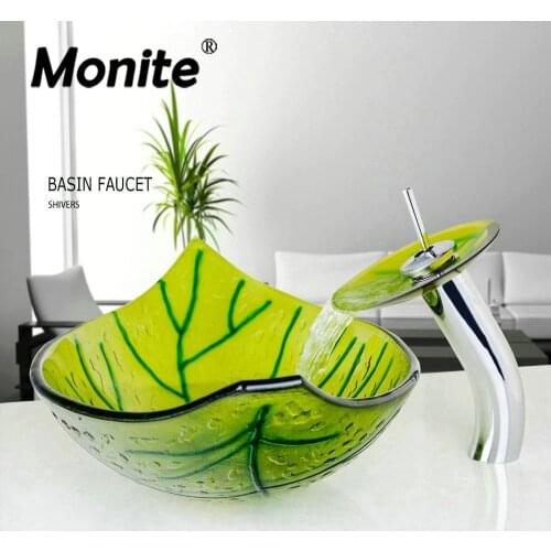 Monite Green Leaf Hand-Paint Washbasin Tempered Glass Basin Sink Faucet W/ Glass Basin Set W/ Pop Drain for Bathroom