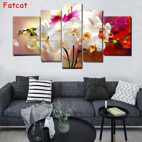 Beautiful white orchid 5d Diy Diamond Painting Cross Stitch Full Square Round Mosaic Diamond Embroidery flower 5 pcs art PP1325