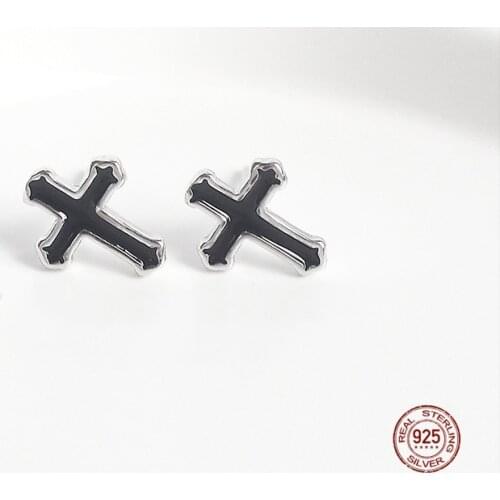 LKO 925 Sterling Silver Stud Earrings Vintage Personality Black Colour Cross Fashion For Women Couple Jewelry Ornaments