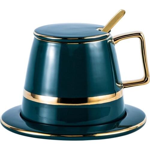 Green Glaze Coffee Cup and Saucer Set Porcelain Teacup with Lid, Spoon, Porcelain Ceramic Coffee Tea Cup Gift Sets