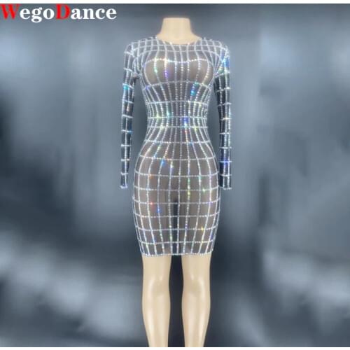New Silver Rhinestones Transparent Mesh Birthday Celebrate Bar Singer Long Sleeves Dance Short Bridal Dress