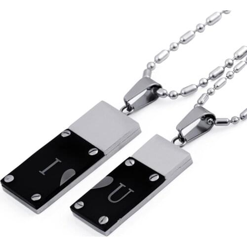 One pair Pendant Necklace Matching "I Love You" Two Tone Stainless Steel Pendant Dog Tag Necklaces Set for Couple