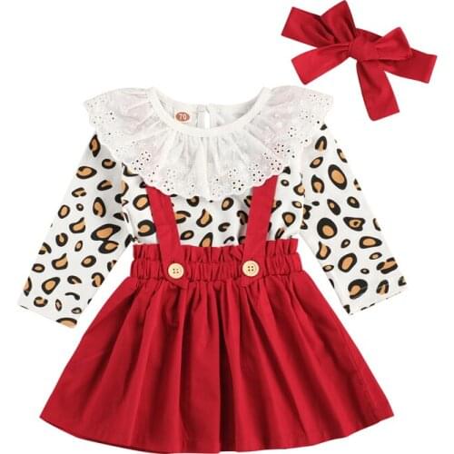 0-3Y Autumn Baby Girls Clothes Sets 3pcs Leopard Long Sleeve Romper Jumpsuit Tops Suspender skirt Headband Outfit