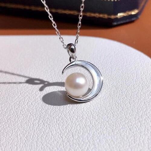 Moon Shape S925 Sterling Silver Necklace Findings Jewelry Base Settings Mountings Parts for Akoya Edison Pearls, Coral, Jade