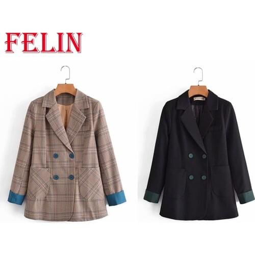 FELIN Women Solid Balzer Plaid Print Casual Office Ladies Long Coat Double Breasted Contrast Cuffs Female Jacket Mujer Saco