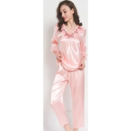 Sleepwear Sexy Imitation Silk Pajamas Women for Pajamas Set Ladies Loose Long-sleeved Suit Elastic waist pants Mom Home Clothes