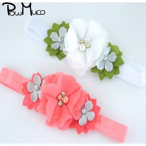 Powmuco 1 PCS Hand Sewing Rhinestone Beads Chiffon Floral Headband Infant Fashion Flowers Elastic Hairband Kids Hair Accessories