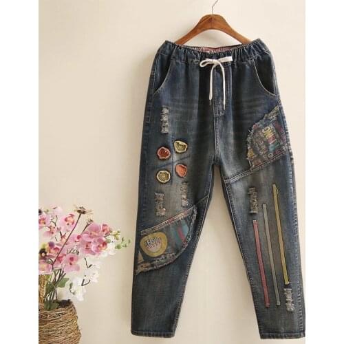 Embroidery Retro Jeans 2021Spring Autumn New Women High Waist Nine Points Cowboy Trousers Large Size Denim Harlan Pants Femme126