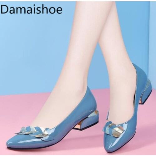 2021 Spring Soft Leather Shallow Mouth Pumps Female Mom Shoes Thick Heel Soft Bottom Mid Heel Non-Slip Work Leather Ladies Shoes
