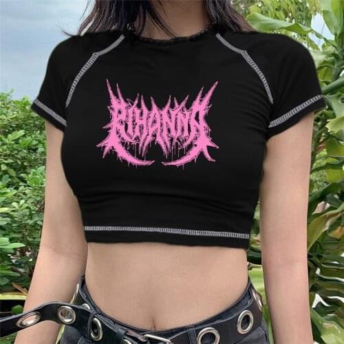 E-girl Letter Print Stitch Black goth Crop Tops Tees Y2K Harajuku Summer Grunge Style O-neck Short Sleeve woman T-shirts kawaii