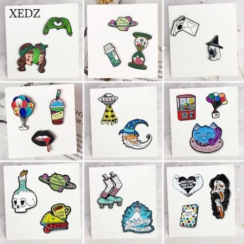 XEDZ Horror skeleton shark cat doll machine set enamel pin children cartoon pushpin romantic men and women metal badge punk clot