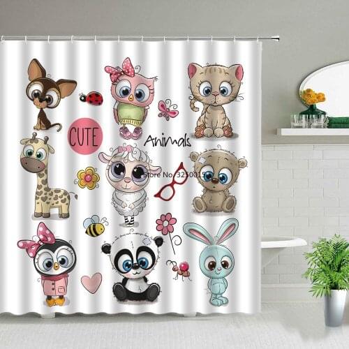 Cartoons Cat Dog Shower Curtains Cute Animal Pattern Kids Bathroom Decor Waterproof Home Bath Cloth Hanging Curtain With Hooks