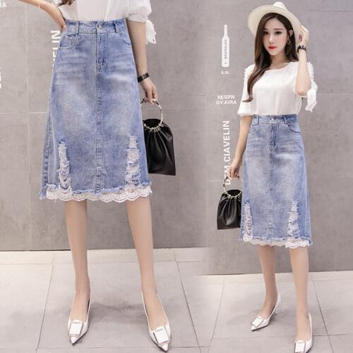 2020 New Spring Summer Women Fashion A Line Denim Midi Patchwork Mesh Skirts Pockets Female High Waist Jean Button Skirt S321