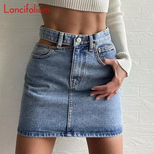 Y2k E Girl Sexy 2000s Hollow Out Blue Jeans Mini Skirt Summer Women 2021 Korean Fashion High Waist A-Line Short Denim Skirt