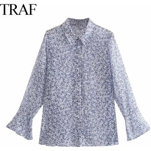 TRAF ZA Womens Clothes Summer Ladies Blouse Flower Print Lapel Long Sleeve Button Shirt Suit Fashion Chic Retro Commuter Shirt