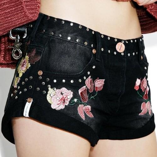 Women Denim Shorts Jeans Rhinestone Embellished Diamond Rivet Embroidery Flower Short Trousers Straight Leg High Waist Summer XS