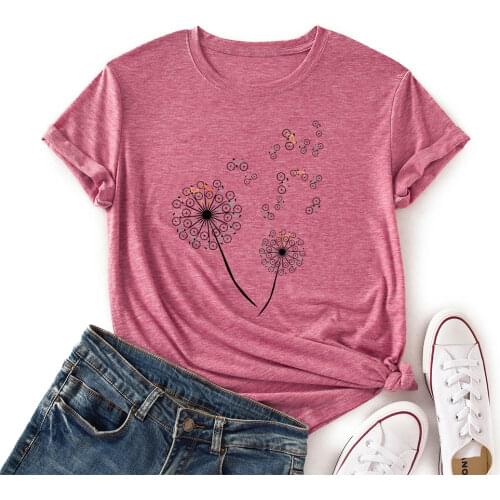 Women Crew Neck Short Sleeve Casual Summer T-shirts Bicycle Dandelion Graphic Tee Shirts Tops Female Clothes Shirts