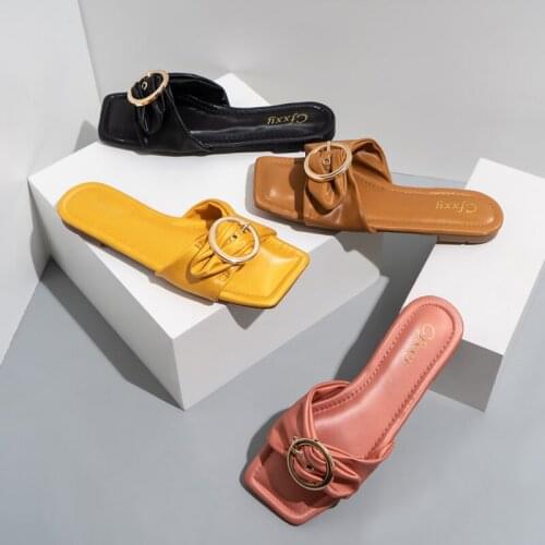 Womens slippers Korean style fashion belt buckle flat heel womens shoes 2021 solid color square toe sandals fashion slider