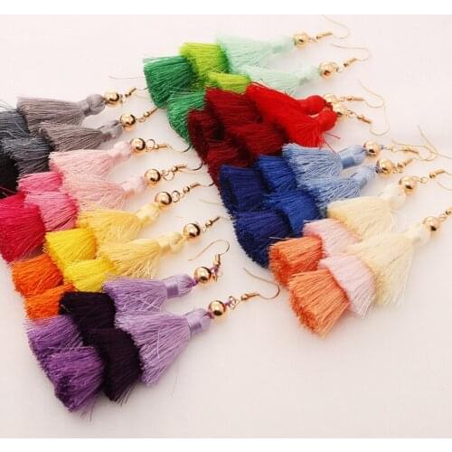 BOHO Style 3 Layer Silk Tassel Dangle Drop Statement Earrings for Women