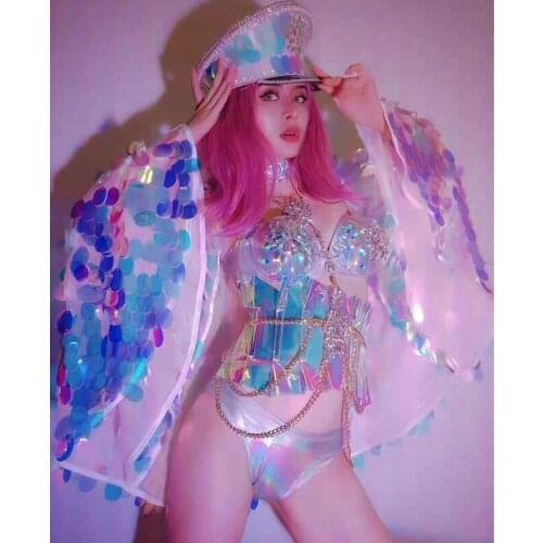 Shawl bikini suit Color Sequin Sexy Costume Birthday Prom Evening Party Outfit Bar Lady Singer dancer Stage Wear Nightclub