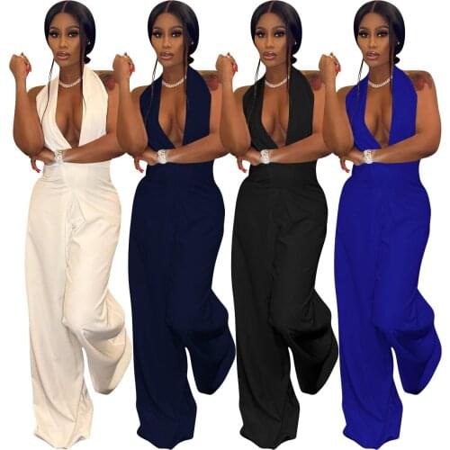 2021 Summer Sexy Halter Lace-up Jumpsuits New Arrivals Sleeveless Backless High Waist Solid Color Loose Rompers New Arrivals
