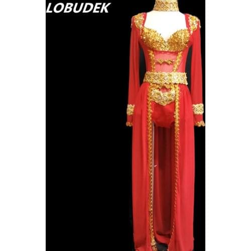 Nightclub Female Singer Host Stage Outfit Sparkly Sequins Bra Red Black Mesh Perspective Bodysuit Trailing Skirt Catwalk Costume