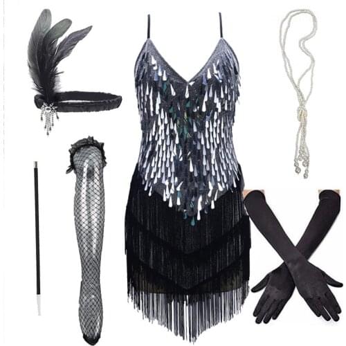 Womens 1920s Black Sequins Beaded Fringed Gatsby Theme Roaing Arc Wedding Party Flapper Tassel Dress with Accessories Set