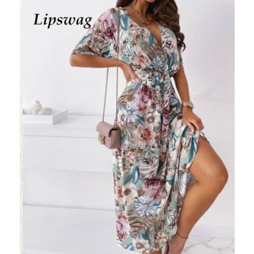 Summer Women Elegant Floral Dress Fashion Tie-Up Short Sleeve Long Dress Casual Ladies Elastic Waist V-Neck Party Dresses 2021