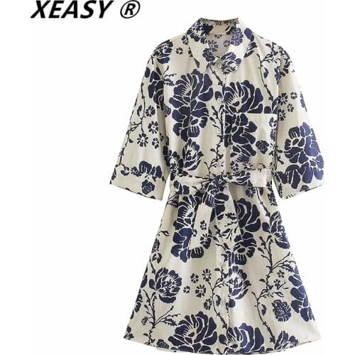 XEASY Women 2021 Vintage Short Sleeve Floral Print Casual Slim Shirt Dress Female Chic Single Breasted Sashes Mini Vestidos