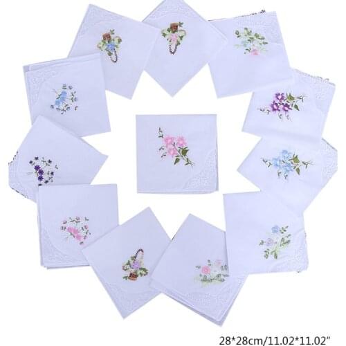 5Pcs Womens Cotton Handkerchiefs Floral Embroidered Butterfly Lace Pocket Hanky