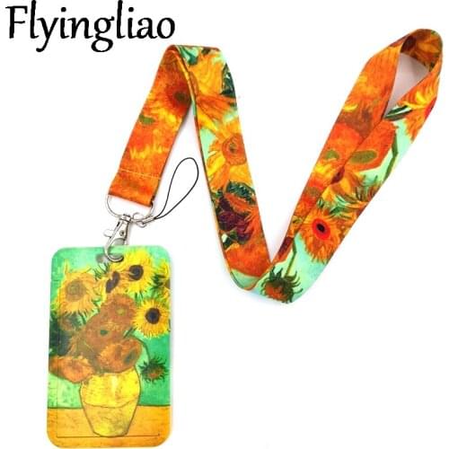 Van gogh Sunflowers Oil Painting Key lanyard Car KeyChain ID Card Pass Gym Phone Badge Kids Key Ring Holder Jewelry Decorations