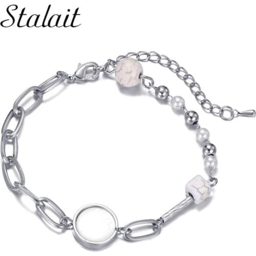 Chain Charms Friendship Bracelets Opal Square Round Stone Beads Handmade Resin Jewelry Steel Color Cuban Link Bracelet