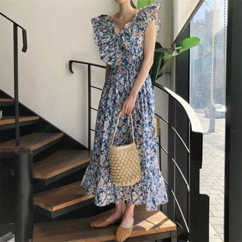 Korean Style Lotus Leaf Tie Long Printed Dress
