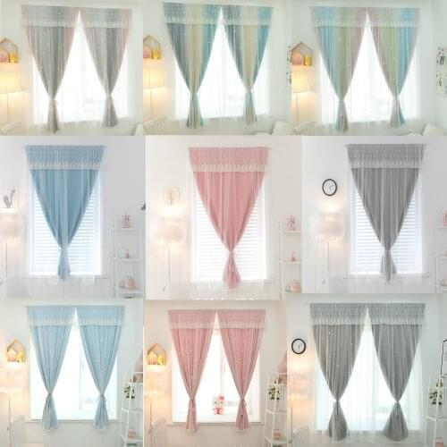 Double Layer Lace Hollow-Out Star Blackout Curtains for Kids Room Living room Bedroom Window Curtain Panel Drapes Self-Adhesive