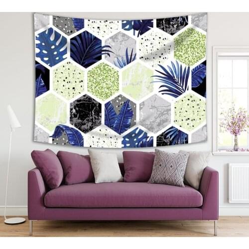 Tapestry Tropical Leaves Marble and Glitter Hexagon in Diamond Pattern Geometric Shapes Colorful Art Green Blue