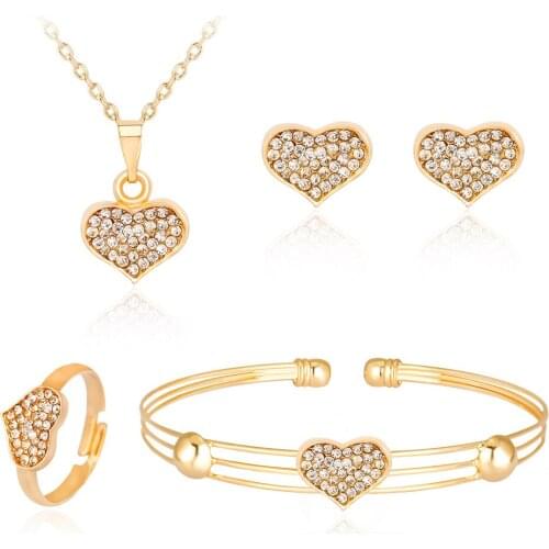 HC Fashion Heart Pendant Girls Necklace Crystal Baby 4 Pcs Jewelry Set Cute Kids Gift Jewelry Hot Sale Childrens Day Jewelry T