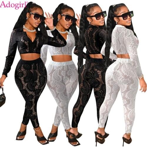 Adogirl See Through Lace Two Piece Sets Women Sexy V Neck Long Sleeve Crop Top Pencil Pants Night Club Suit Autumn Tracksuit